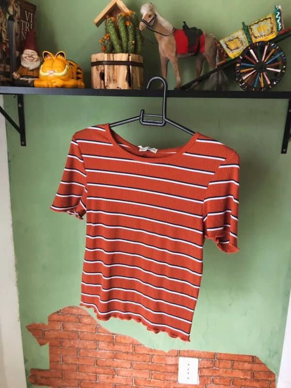 Blusa terracota com listras brancas e azuis